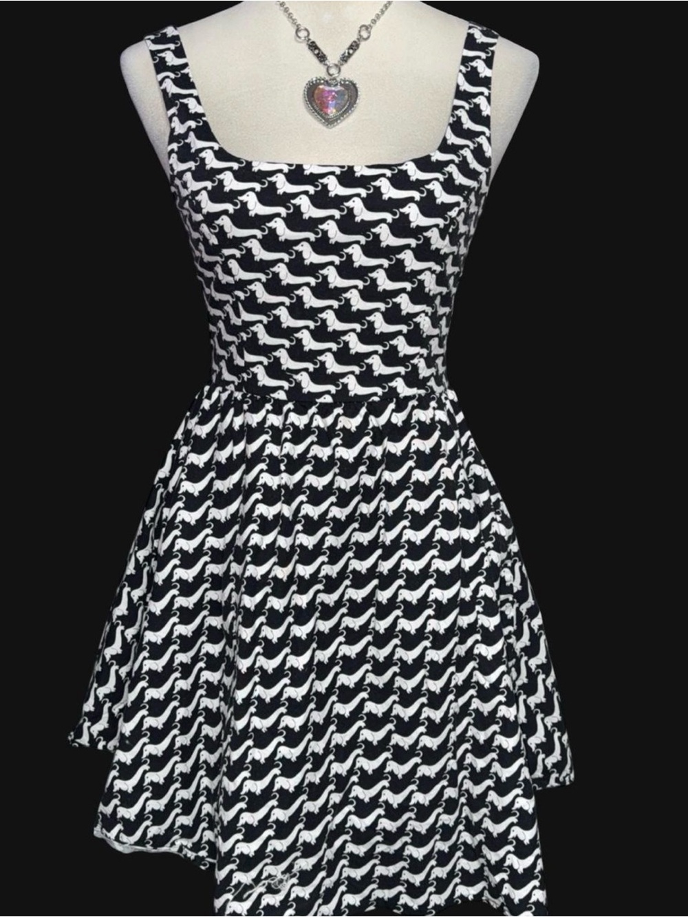 Retrolicious Black and White Sleeveless dachshund Print Fit & Flare Dress